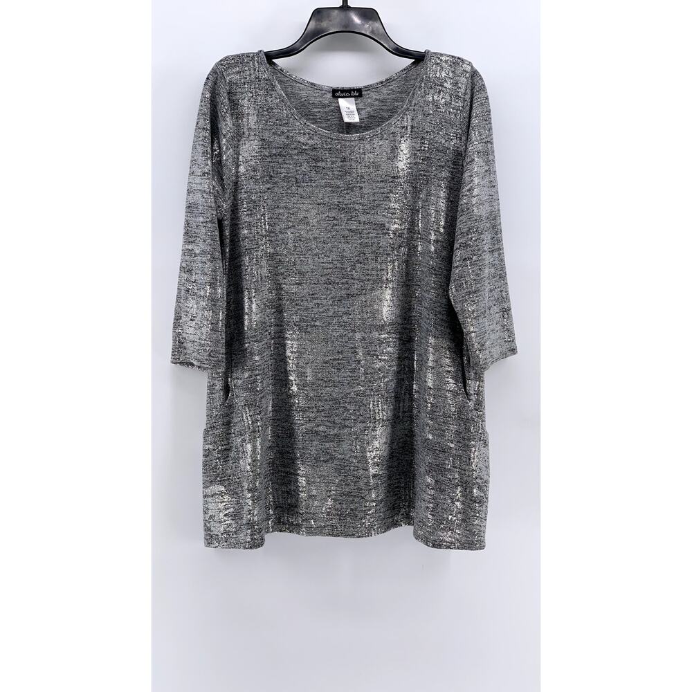 OLIVIA BLU Women's Plus Gray Metallic Scoop-Neck 3/4 Sleeve Top SZ 1X